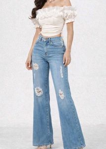 Y2K Beaded Ripped Blue Bootcut Jeans