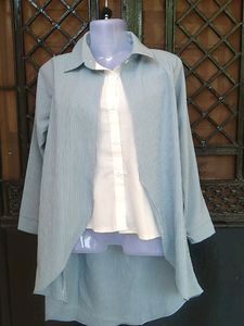 High Low Branded Top/ White Blue Top