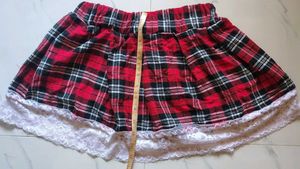 Red Plaid Mini Skirt with Lace Trim