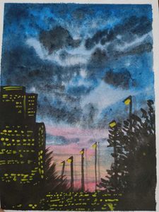 City at Dusk Watercolor Painting