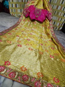 Embroidered Yellow  Saree with Blouse