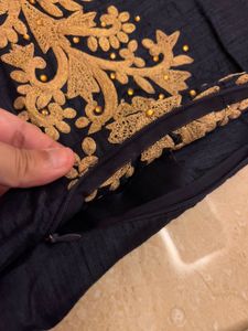 Navy Blue &amp; Gold Embroidered Anarkali Gown | Flare