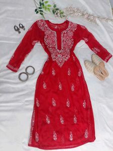 Embroidered Red Chikankari Kurta