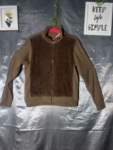 Brown Corduroy &amp; Knit Zip-Up Jacket