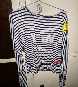 Striped Long Sleeve Top with Smiley Patch