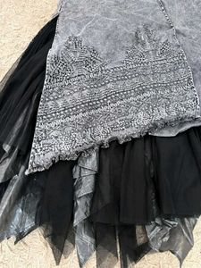Edgy Distressed Denim &amp; Tulle Skirt