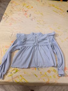 Light Blue Frill Detail Long Sleeve Top