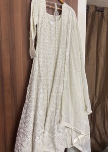 White Party Wear Anarkali Gown &amp; Dupatta