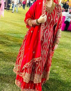 Red &amp; Gold Embroidered Anarkali Suit