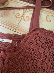 Maroon Cute Crocheted Lace-Up Crop Top