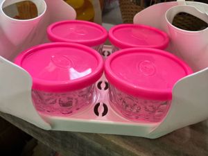 Set of 4 Pink Lid Glass Containers