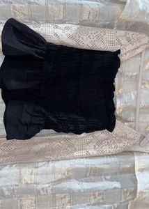 Black Smocked Lace Sleeve Top