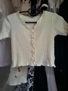 Cream Ribbed Button-Up Top