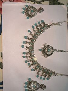 Stunning Teal Blue &amp; Silver Necklace Set with Earr