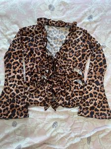 Leopard Print Ruffle Tie Front Top