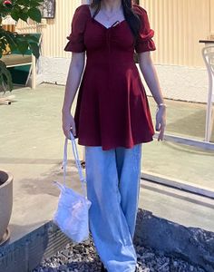 Maroon Puff Sleeve Flare Dress (XS)