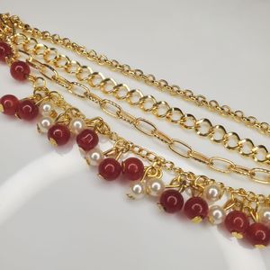 Gold Chain Bracelet with Red and Pearl Charms