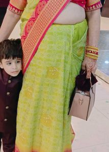 Vibrant Lime Green Saree with Pink Border