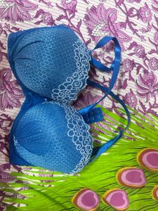 Blue Lace Trim Push-Up Bra