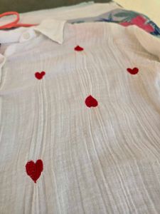 Cute White Heart Embroidery Button-Up Shirt