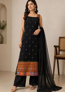 Elegant Black Pleated Kurta Set with Dupatta