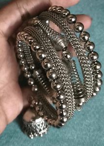 Silver Toned Oxidised Jhumka Bracelet