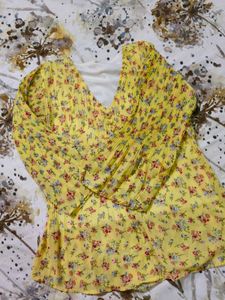 Yellow Floral Pleated Sleeve Top
