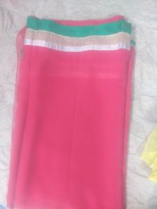 Vibrant Pink Saree with Green &amp; Gold Border