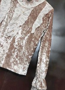 Tan Velvet Lace Trimmed Winter Top 32 Bust