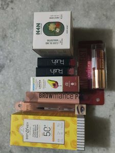 DK sunscreen , mamaearth lipstick, swiss beauty ey