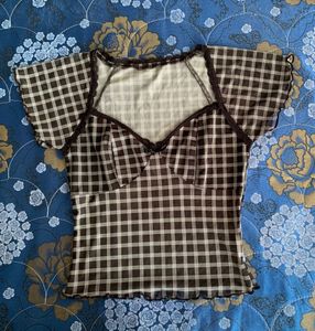 Sheer Plaid Mesh Crop Top