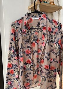 PURYS Beige Coloured Semi Formal Floral Full Sleeves Semi Sheer Shirt
