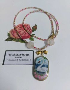 Enchanted Swan Clay Pendant Beaded Necklace