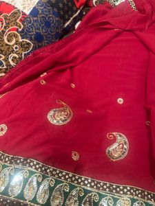 Elegant Red Saree with Paisley Embroidery