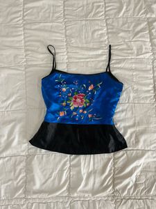 Blue Floral Embroidered Cami Top