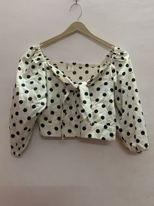 White With Black Polka Dot Tie-Front Top