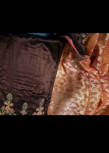 Embroidered Brown saare with red Velvet border