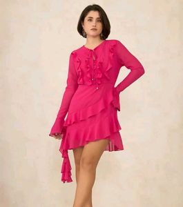 Ruffle Trimmed Pink Mini Dress