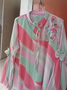 Sheer Striped Tie-Neck Blouse with Floral Applique