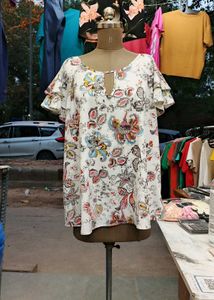 White Floral Print Ruffle Sleeve Blouse
