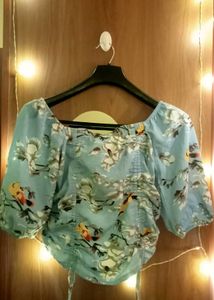 Light Blue Floral Print Off-Shoulder Top