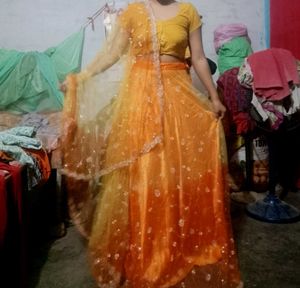 Orange &amp; Yellow Ombre Lehenga Choli Set