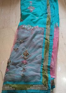 Exquisite Teal & Pink Embroidered Saree