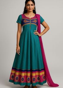 Teal & Pink Embroidered Anarkali Set