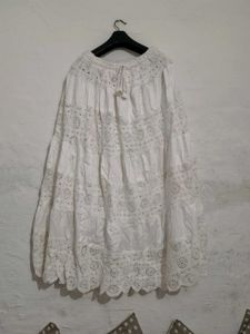 Bohemian White Eyelet Heavy Lace Tiered Maxi Skirt