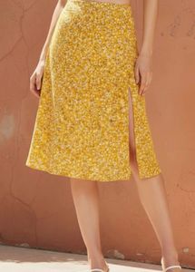 Yellow Floral Midi Skirt with Slit