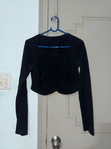 Chic Ruched Black Long Sleeve Top