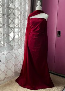 Elegant Red Velvet Gown with Tulle Drape