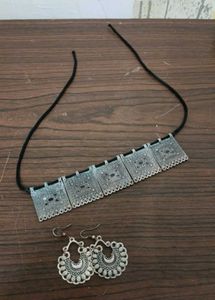 Boho Oxidized Silver Necklace and Earring Set
