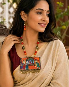 Unique Handpainted Pendant Necklace & Earrings Set